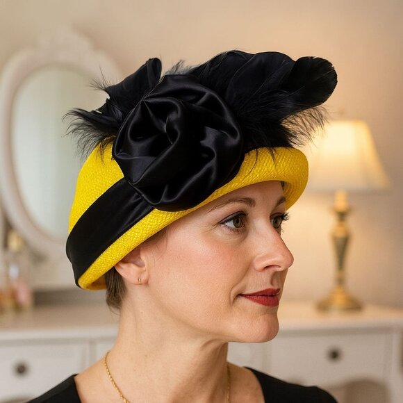 Mr Charles Yellow Feather Hat Fascinator VTG Retro Church Tea Party 50s Style main image 5